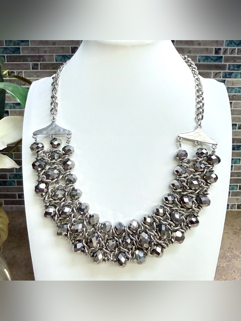 Metallic Silver Glass Bead Chain Necklace